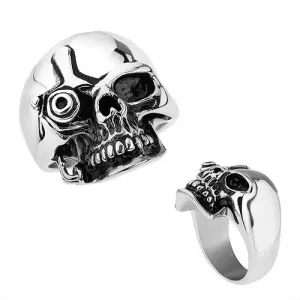 Jeklen prstan, srebrna barva, sijoča patinirana lobanja v slogu Terminatorja - Velikost: 63