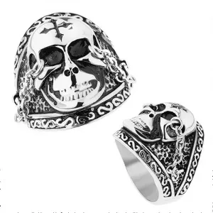 Jeklen prstan srebrne barve, bleščeča lobanja s križem, verižici, patina - Velikost: 57