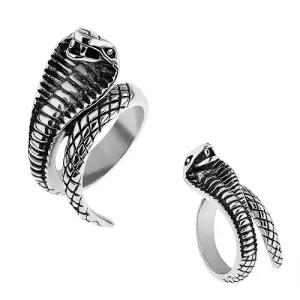 Jeklen prstan srebrne barve, izstopajoča patinirana kobra - Velikost: 57