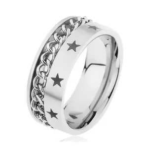 Jeklen prstan srebrne barve, okrašen z verižico in zvezdami - Velikost: 70