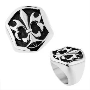 Jeklen prstan srebrne barve, šestkotna dekoracija s patino in lilijo - Velikost: 65