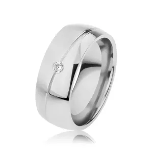 Jeklen prstan srebrne barve, sijoč, poševna zareza, cirkon - Velikost: 60