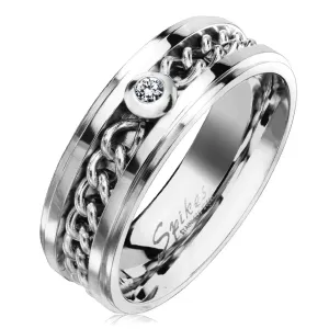 Jeklen prstan srebrne barve z verižico in prozornim cirkonom, 7 mm - Velikost: 54