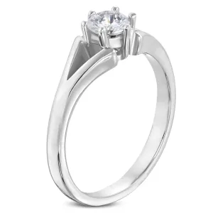 Jeklen prstan srebrne barve - zaročni, razcepljena kraka, prozoren cirkon - Velikost: 50