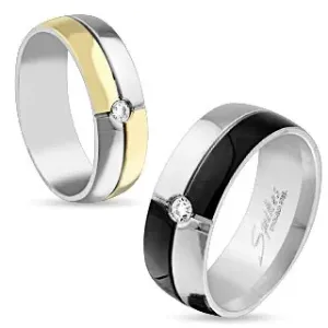 Jeklen prstan srebrne in črne barve, cirkon na sredini, 8 mm - Velikost: 70