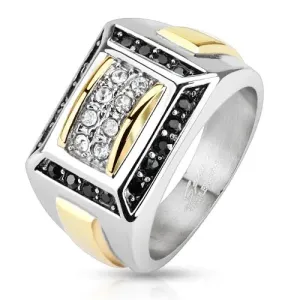 Jeklen prstan v srebrni in zlati barvi, črni in prozorni cirkoni, pravokotniki - Velikost: 63