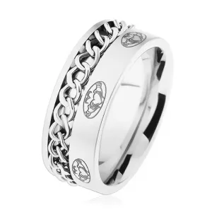 Jeklen prstan, veriga, srebrne barve, mat površina, ornamenti - Velikost: 57