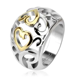 Jeklen prstan z izrezanim ornamentom, zlat in srebrn - Velikost: 56