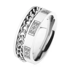 Jeklen prstan z verigo, srebrne barve, okraski - Velikost: 57