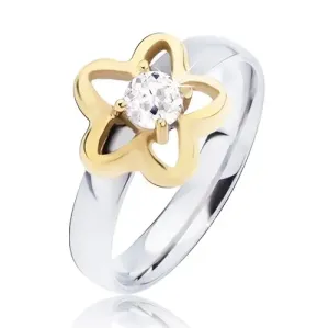 Jeklen prstan, zlata kontura cveta s prozornim okroglim cirkonom - Velikost: 49