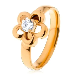 Jeklen prstan zlate barve, cvet, dvignjen okrogel cirkon prozorne barve - Velikost: 59