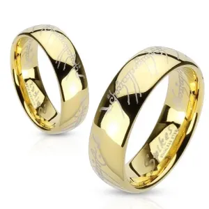 Jeklen prstan zlate barve, pisava iz filma Gospodar prstanov - Velikost: 60