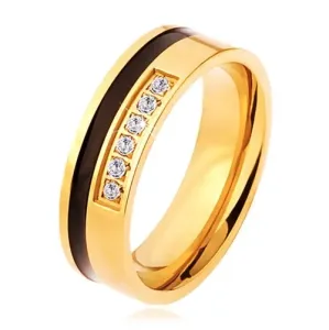 Jeklen prstan zlate in črne barve, okrasna linija prozornih cirkonov - Velikost: 67