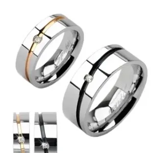 Jeklena poročna prstana srebrne barve, zlata ali črna proga s kamenčkom - Velikost: 63