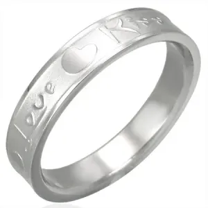 Jekleni prstan srebrne barve, mat sredina in sijoči robovi, Love & Kiss - Velikost: 54