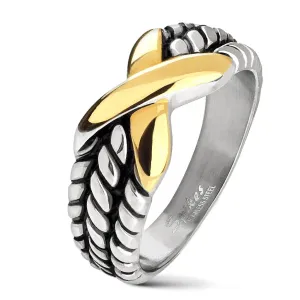 Jekleni prstan srebrne barve, zareze na krakih, X zlate barve - Velikost: 58