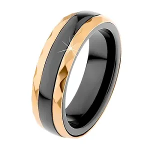 Keramični prstan črne barve, jeklena trakova v zlatem odtenku - Velikost: 59