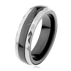 Keramični prstan črne barve, jekleni trakovi srebrne barve - Velikost: 51
