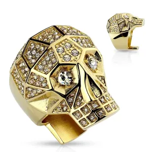 Masivni jekleni prstan 316L, zlata barva, lobanja, prozorni kristali - Velikost: 60