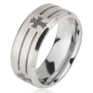 Mat jeklen prstan - srebrn obroček, vtisnjeni pasovi in križi - Velikost: 60