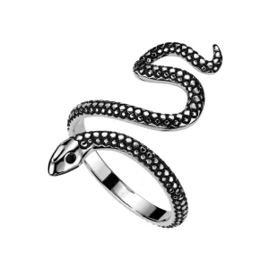 Odprt prstan iz nerjavečega jekla - motiv kače, srebrna barva s patino - Velikost: 51