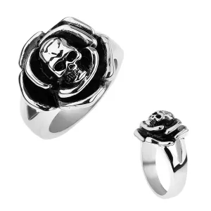 Patiniran prstan iz jekla, vrtnica z lobanjo na sredini, razcepljena kraka - Velikost: 69