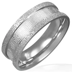 Peskan jeklen prstan - vzorec grškega ključa - Velikost: 51