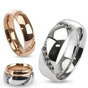 Poročni prstan iz jekla, dve zaobljeni vdolbini z vdelanimi kamenčki - Velikost: 49