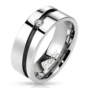 Poročni prstan iz kirurškega jekla - črna linija s kamenčkom - Velikost: 51