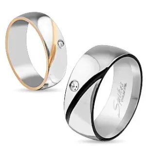 Poročni prstan iz kirurškega jekla, dve barvi, poševna zareza, prozoren cirkon - Velikost: 49