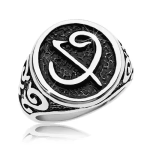 Prstan iz kirurškega jekla - črn pečat s simbolom, okraski na krakih - Velikost: 60