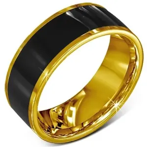 Prstan iz kirurškega jekla - gladek črn poročni prstan, zlat rob - Velikost: 56