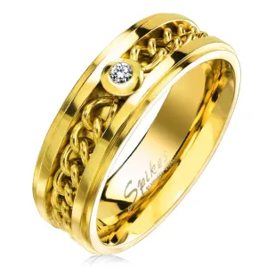 Prstan iz nerjavečega jekla zlate barve z verižico in cirkonom, 7 mm - Velikost: 52