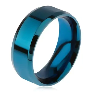 Sijoč jeklen prstan v modri barvi, poševni robovi - Velikost: 67