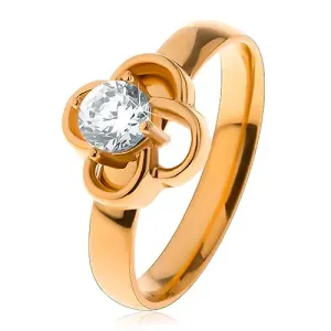Sijoč jeklen prstan zlate barve, obris cvetlice s prozornim cirkonom - Velikost: 52