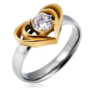 Srebrn jeklen prstan z dvojnim zlatim srcem, prozoren cirkon - Velikost: 58