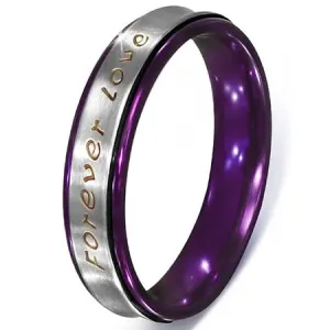 Srebrn prstan iz jekla - napis Forever Love, vijoličasti robovi - Velikost: 60