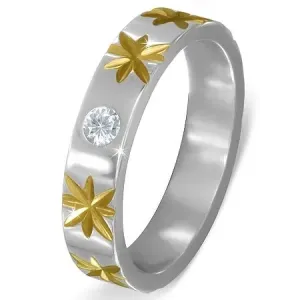 Srebrni jekleni prstan z zlatimi zvezdami in s prozornim cirkonom - Velikost: 69