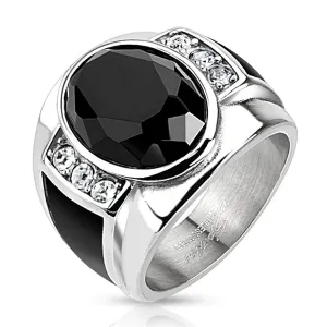 Steel ring with black cut oval, clear zircons and black strips - Velikost: 64
