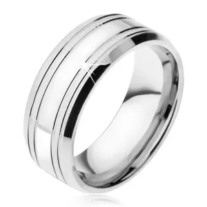 Visoko poliran jeklen poročni prstan srebrne barve z dvema tankima žlebičastima pasoma - Velikost: 60