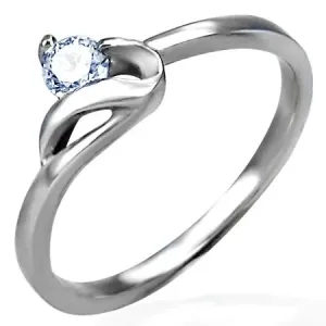 Zaročni prstan srebrne barve, jeklo 316 L, okrogel prozoren cirkon in valovit krak - Velikost: 53
