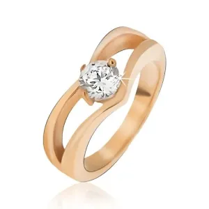 Zlat jeklen prstan, dvojna konica, okrogel prozoren kamenček - Velikost: 59