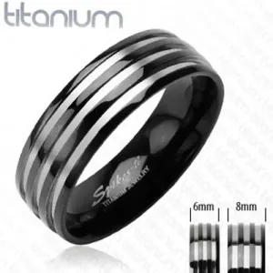 Črn obroček iz titana - trije pasovi srebrne barve - Velikost: 51