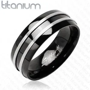 Črn prstan iz titana - dva ozka srebrna pasova - Velikost: 70