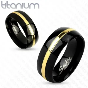 Dvobarven titanov prstan, črna zaobljena površina, pas zlate barve, 6 mm - Velikost: 52