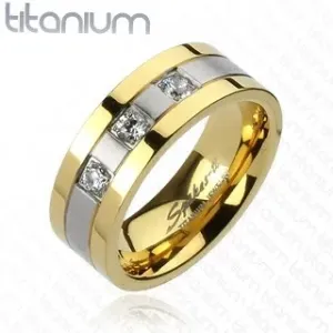 Prstan iz titana - zlate in srebrne barve, trije cirkoni - Velikost: 59
