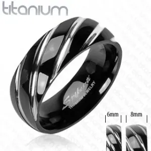 Titanov prstan črne barve - ozke poševne zareze srebrne barve - Velikost: 54