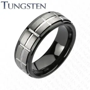 Brušen prstan iz volframa v črni in srebrni barvi - Velikost: 57