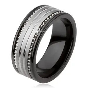 Črn keramičen prstan iz volframa s srebrno površino in progami - Velikost: 49