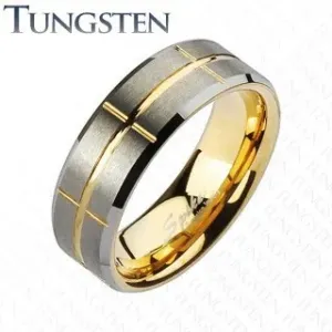 Dvobarven prstan iz volframa, zlate in srebrne barve, zareze, 8 mm - Velikost: 52